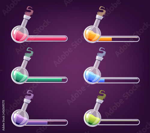 Magic potion progress elixir bottles bar set. Mobile video game health energy resource concept. Vector cartoon graphic design element illustration