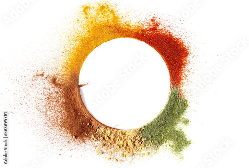 Mixed spice, turmeric, cayenne pepper, ground lemongrass, ginger, minced cinnamon isolated on white, top view © dule964
