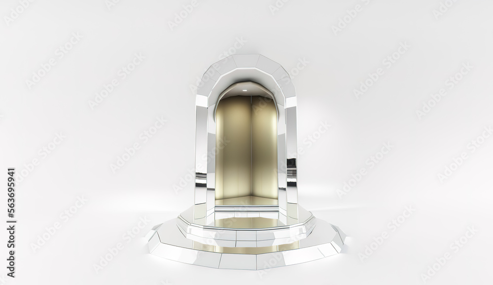 Generative AI glass podium and metal shiny material with white background and interior design with podium and stage. Abstract minimal scene with geometrical forms. Design for product presentation Generative AI glass podium and metal shiny material with white background and interior design with podium and stage. Abstract minimal scene with geometrical forms. Design for product presentation