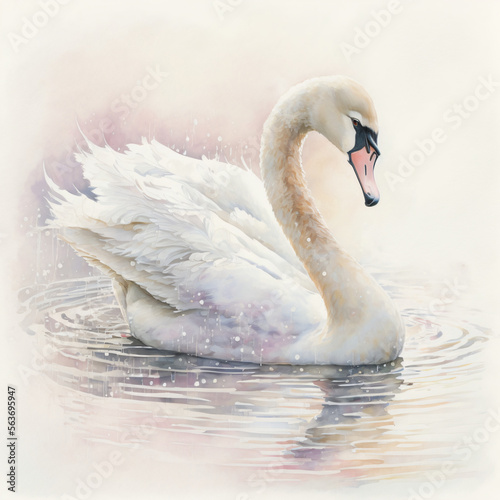 Fototapeta Naklejka Na Ścianę i Meble -  watercolor of a swan swimming in a lake Generative Ai