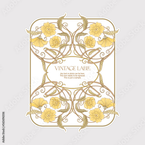 Decorative flowers and leaves in art nouveau style, vintage, old, retro style. Border, frame, template for product label, cosmetic packaging. Easy to edit. Vector illustration. In art nouveau style.