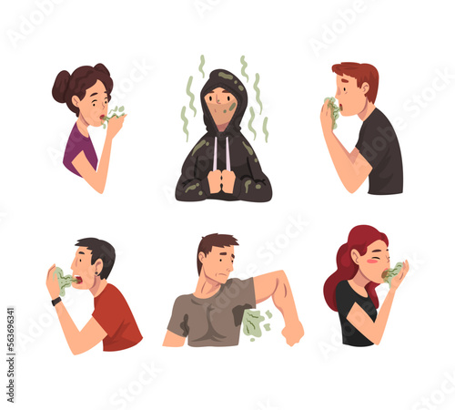 Stinky Man and Woman Character Having Bad Odor from Their Clothes, Mouth and Armpit Vector Set