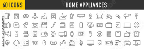 Set of 60 Home Appliances web icons in line style. Household appliance, vacuum cleaner, refrigerator, TV, cooking, entertainment, conditioning, dishwasher, collection. Vector illustration.