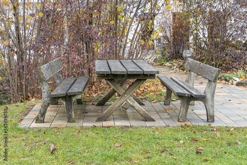 A brown wooden table with benches are outside in autumn