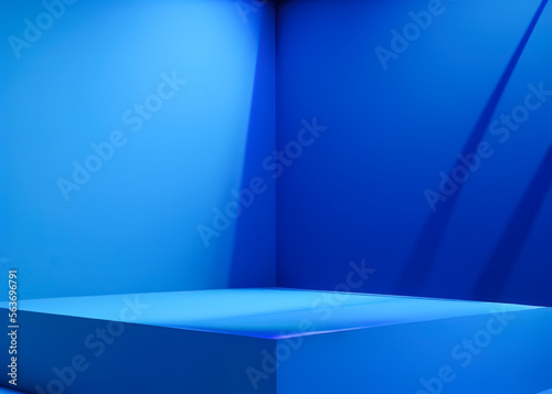 Generative AI blue podium with blue background. Blue product background stand or podium pedestal on advertising display with blank backdrops.