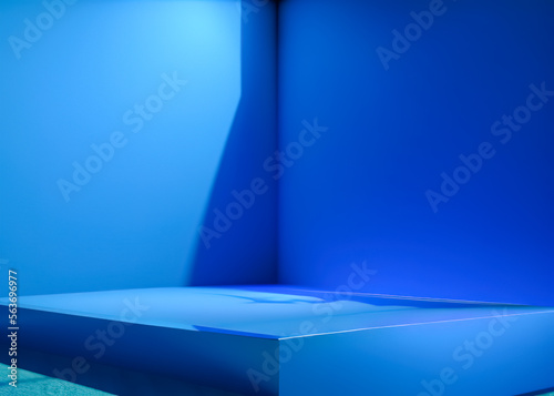 Generative AI blue podium with blue background. Blue product background stand or podium pedestal on advertising display with blank backdrops.