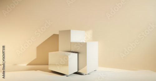 Generative AI white podium with yellow background. Abstract geometric shape in yellow color for product podium presentation background. Art and Color concept.