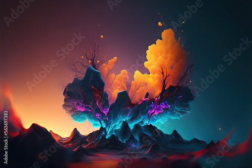 Abstract sci fi tree and mountains, teal purple orange mountains graphic, Abstract desktop backgrounds, cg art, beautiful ai art, colorful fantasy tree, blue mountains, nature mixed with technology