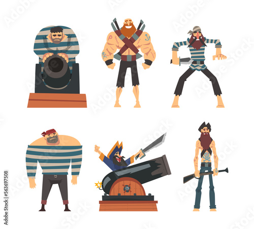 Man Pirate or Buccaneer Character as Marine Robber Vector Set