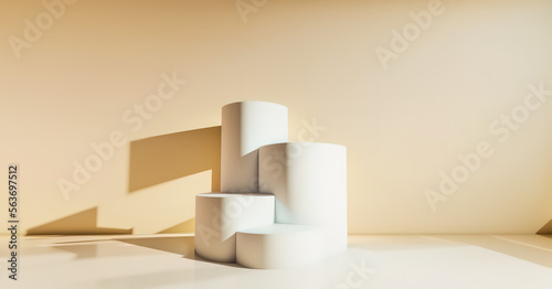 Generative AI white podium with yellow background. Abstract geometric shape in yellow color for product podium presentation background. Art and Color concept.