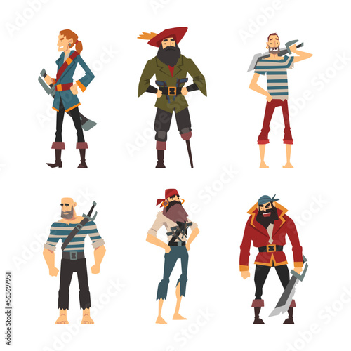 Man Pirate or Buccaneer Character as Marine Robber Vector Set