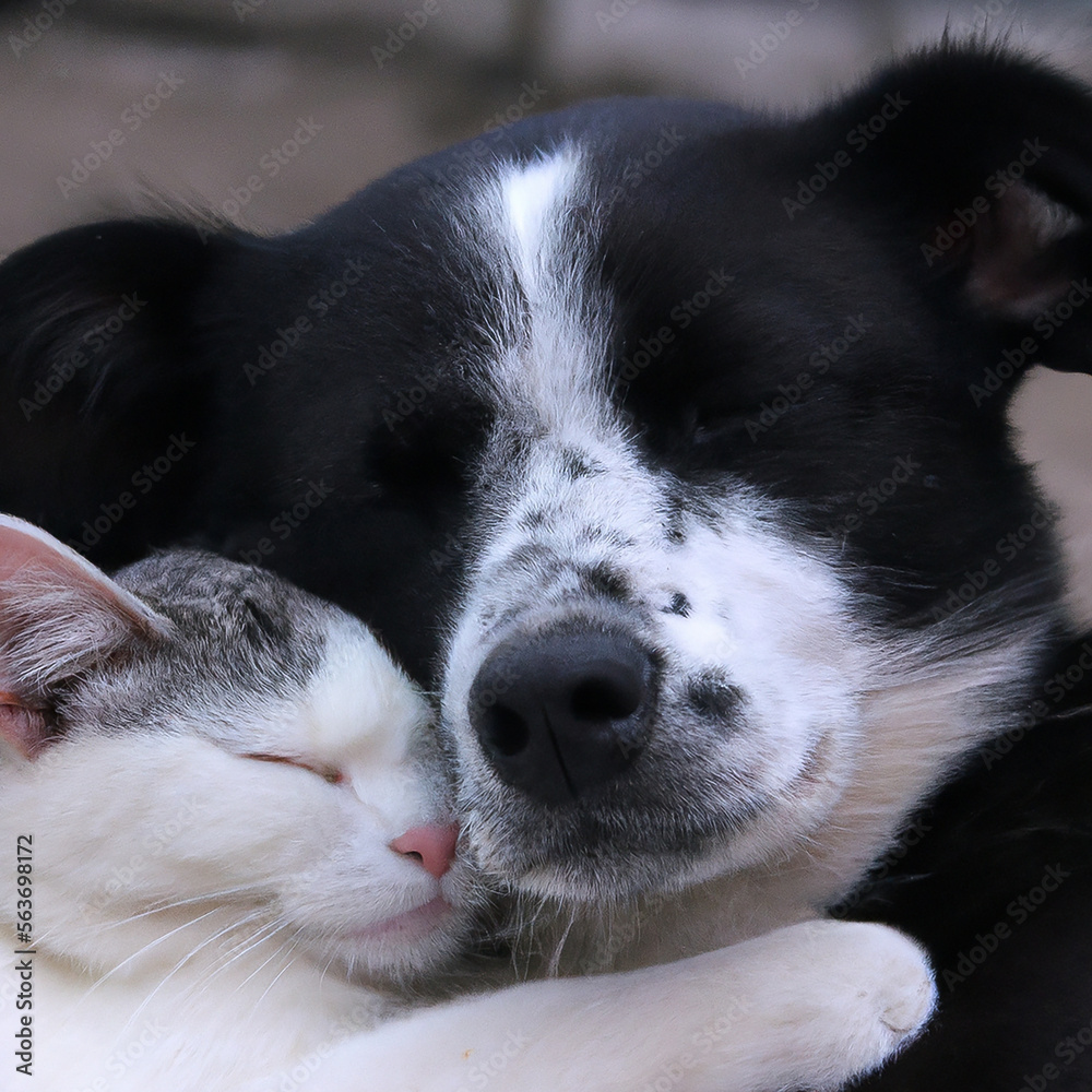 Dog and cat hugging