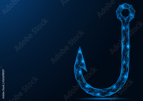 Fishing hook. Polygonal design of interconnected lines and points. Blue background.