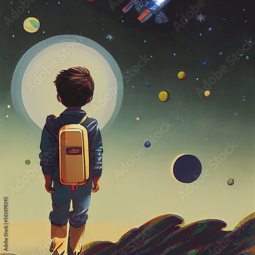 Kid with a jetpack looking at the moon photo