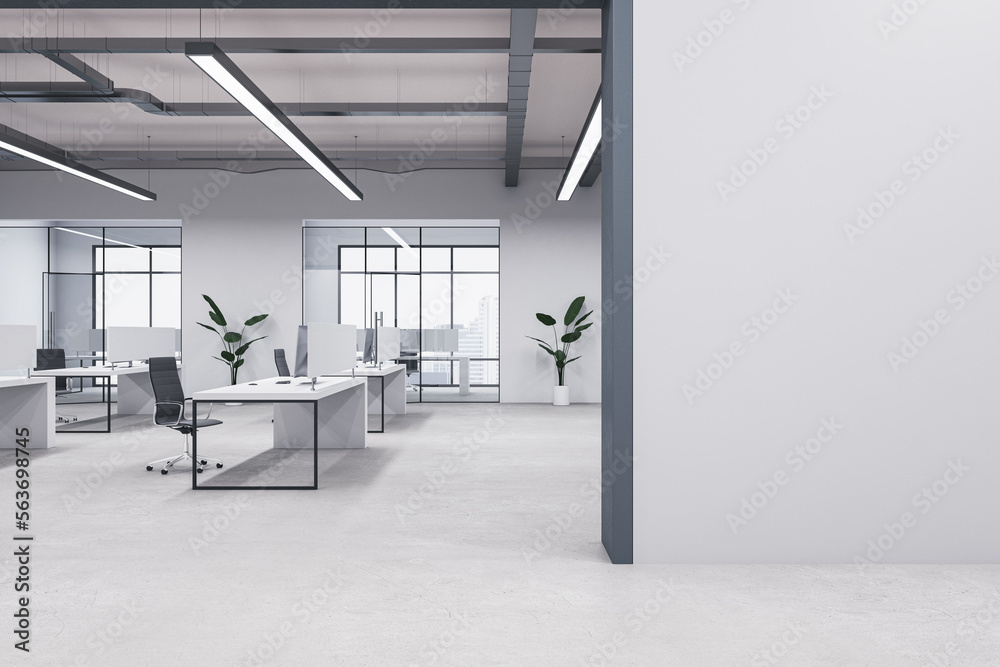 Modern concrete coworking office interior with mock up place on wall,  windows, equipment, furniture and other items. 3D Rendering.  Stock-illustration | Adobe Stock