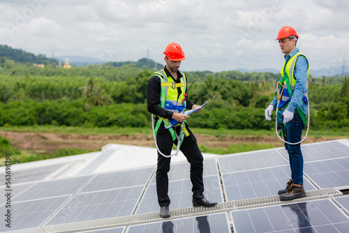 technician engineer working on sustainability environment resource concept, solar panel electricity roof technology for renewable energy power of sun, panel of solar cell industry, ecology system