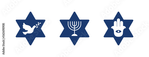 Set of Jewish stars with silhouettes of a dove with an olive branch in its beak, a minor and hand of Fatima hamsa, vector illustration