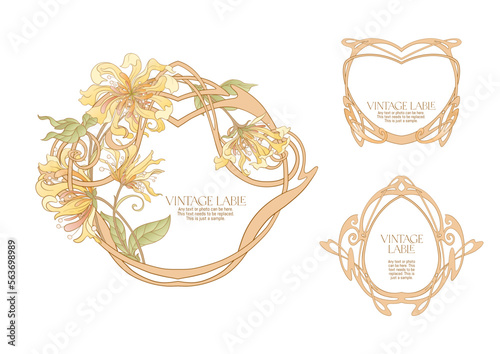 Decorative flowers and leaves in art nouveau style, vintage, old, retro style. Border, frame, template for product label, cosmetic packaging. Easy to edit. Vector illustration.