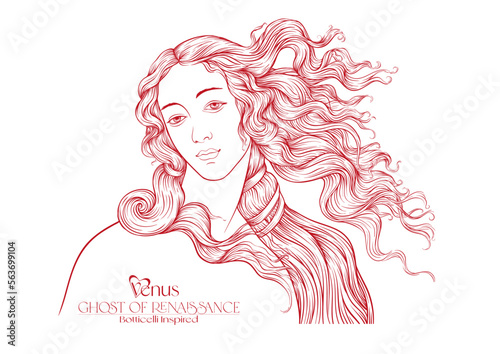Portrait of a woman inspired by a painting by Renaissance artist Botticelli Birth of Venus. Outline hand drawing vector illustration.