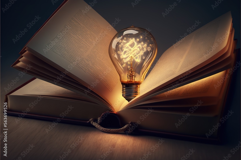 a light bulb sitting on top of an open book on a table next to a light ...