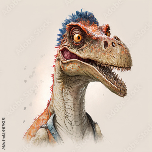  a dinosaur with a tie and a paper airplane in its mouth, with a white background and a gray background with a white background and red and blue line drawing Generative AI photo