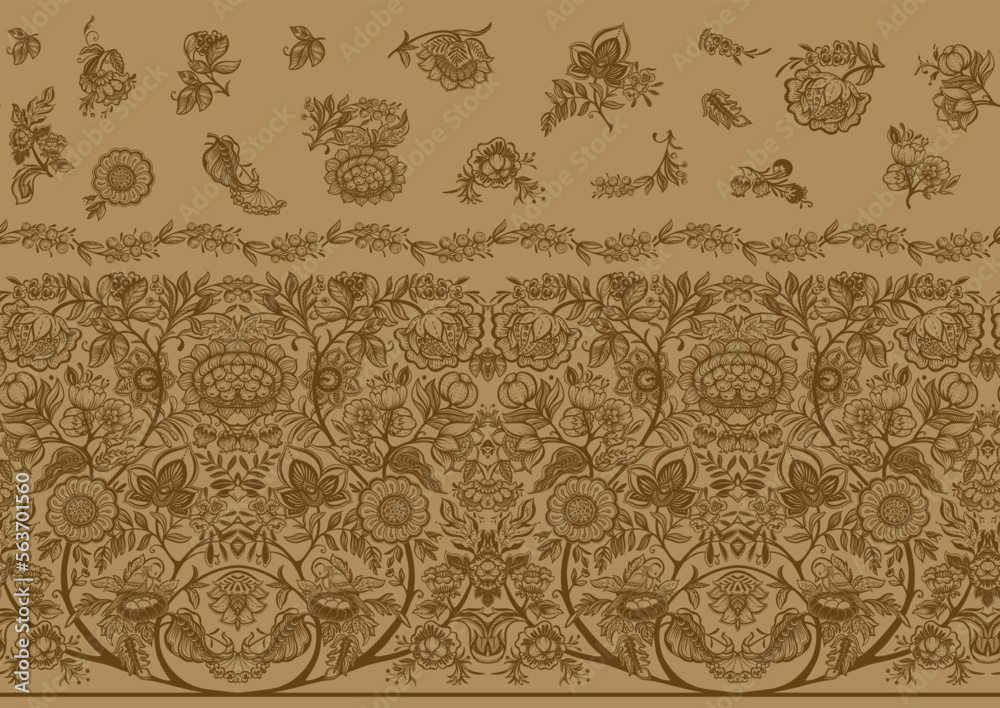 Obraz premium Fantasy flowers in retro, vintage, jacobean embroidery style. Seamless pattern, background. Vector illustration. On kraft paper background.