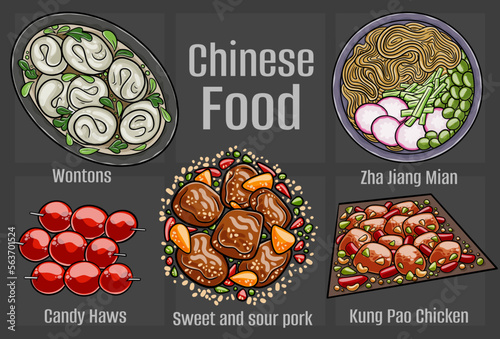 Chinese food. A set of classic dishes. Cartoon hand drawn illustration.