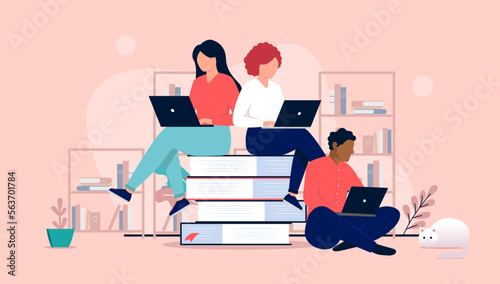 People working on computers - Three students sitting on stack of books doing research and doing work on laptop computer. Flat design vector illustration