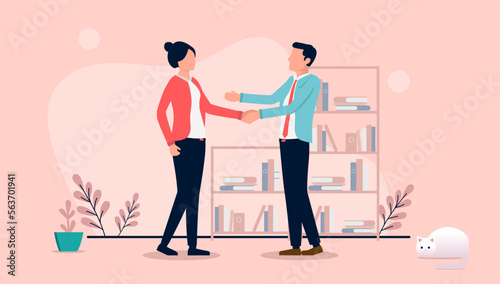 Businesswoman and businessman handshake - Man and woman shaking hands in business deal and agreement. Flat design vector illustration