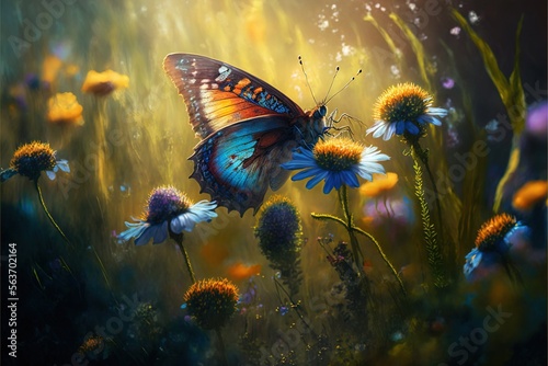  a butterfly flying over a field of flowers and daisies in the sunlight with a butterfly on the flower head and wings in the foreground, with a yellow background of blue and yellow.
