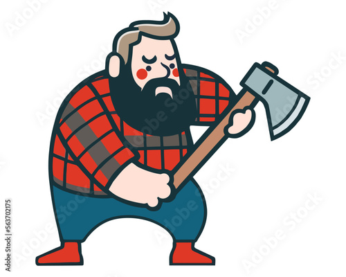 a fat woodcutter in a checkered red shirt and holding an ax in his hands. flat vector illustration.