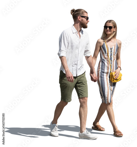 Man and woman walking casually hand in hand on a sunny summer day and talking, isolated on white background