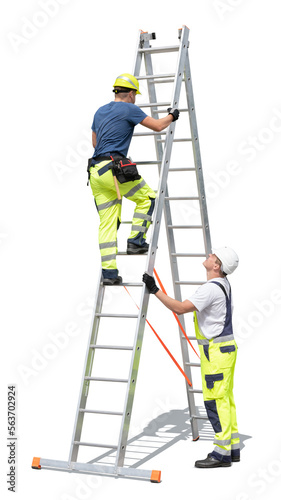 Construction worker climbing a ladder with another worker looking out for his safety, isolated on white background