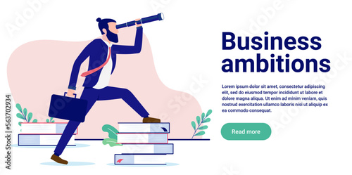 Business ambitions - Visionary businessman on a mission using binoculars looking at the way forward for company and career. Flat design vector illustration with white background and copy space