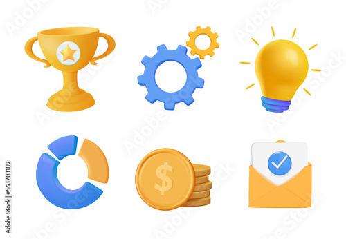 3d business icons set render vector illustration isolated on white. Cup, gear, light bulb, graphics, money, email 3D