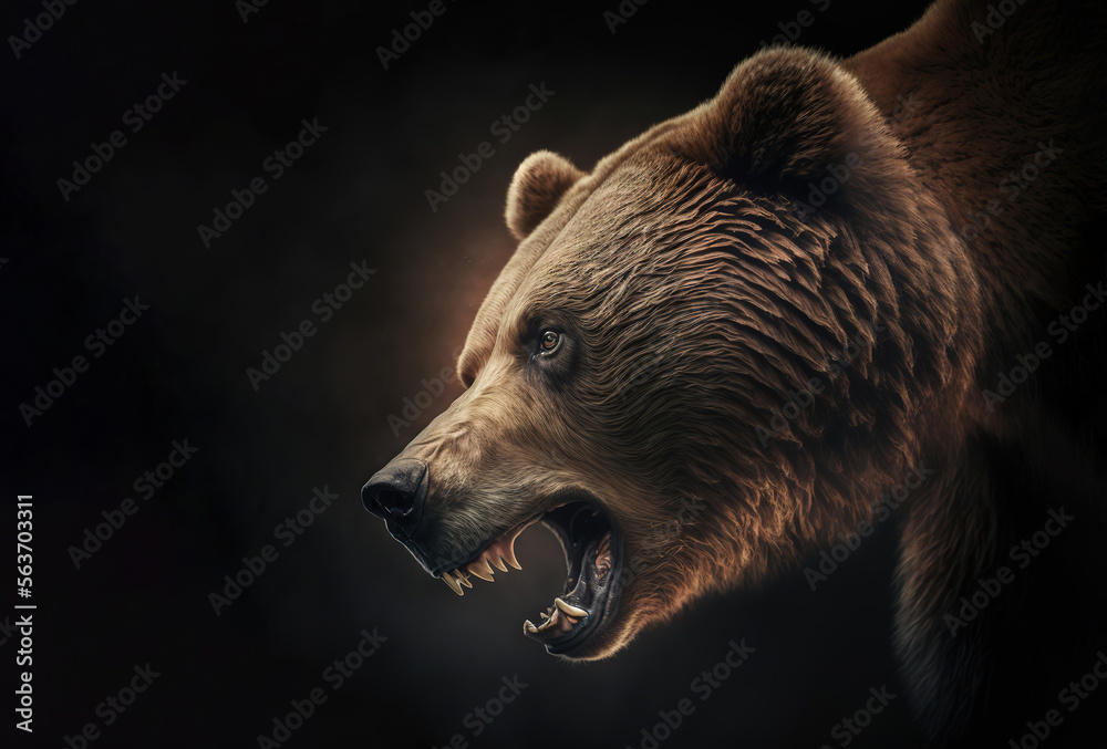 closeup on an angry brown bear showing its teeth with copyspace area