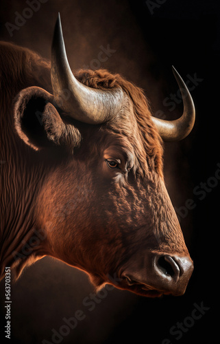 closeup of a head of a brown bull or cow profile isolated on dark background