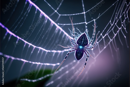 Print op canvas a spider is sitting on a web in the dark night time, with its eyes glowing brightly, with a green leaf in the foreground of the image, and a blue background,