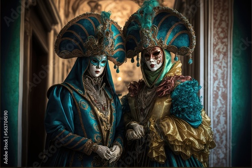 Image of the Venice carnival. Traditional amazing venetian costumes. Generative AI © Gelpi