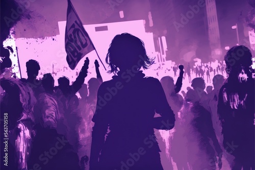 Manifestation on the day of the working woman. Fight for equal rights for women. Black and purple tones. Generative AI photo