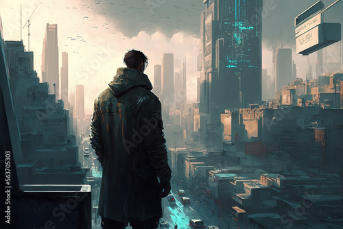 Cyberpunk city, sunny day, clear day, after rain, Skyscrapers,Busy mainroad man looking at the city from rooftop