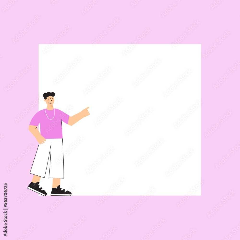 Vector flat illustration with young man standing near big empty paper sheet. Man sowing at blank banner for advertising. Flat character isolated on pink background. Vector flat illustration with young man standing near big empty paper sheet. Man sowing at blank banner for advertising. Flat character isolated on pink background.