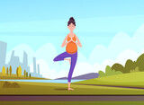Yoga practice. woman standing in yoga pose outdoor. Vector cartoon landscape
