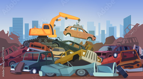 Car dump. Damaged destroyed old broken cars in big stack for recycling processes exact vector junkyard cartoon background photo