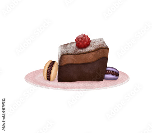 Watercolor chocolate piece of cake and macaroons at the pink plate, hand drawn isolated illustration