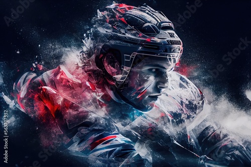 multi exposure illustration of ice hockey player in motion, generative ai photo