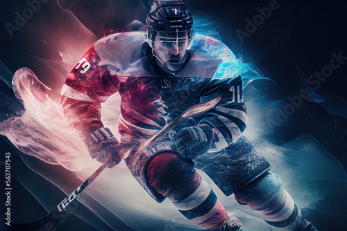 multi exposure illustration of ice hockey player in motion, generative ai photo