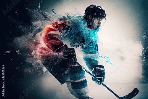 multi exposure illustration of ice hockey player in motion, generative ai