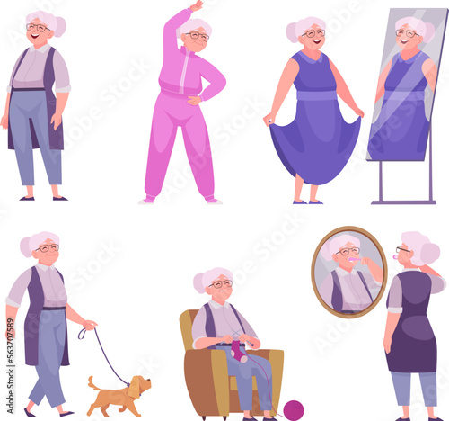 Elderly woman. Pensioner female person in action poses daily activity of senior woman exact vector cartoon illustration set