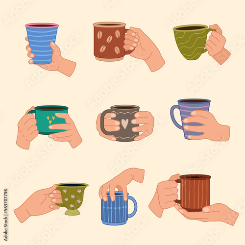 Cups in hand. People holding various hot cups with liquid steaming products coffee or tea mugs recent vector set